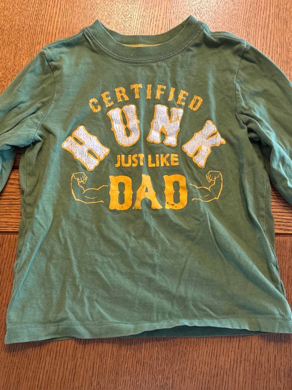 Old Navy Green Long-Sleeve Tee with Yellow 'Certified Hunk' Graphic